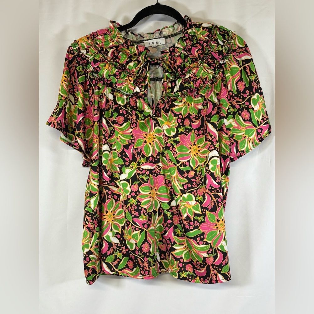 THML Black Pink Green Ruffled Yoke Tie Neckline Boho Chic Casual Blouse Top L